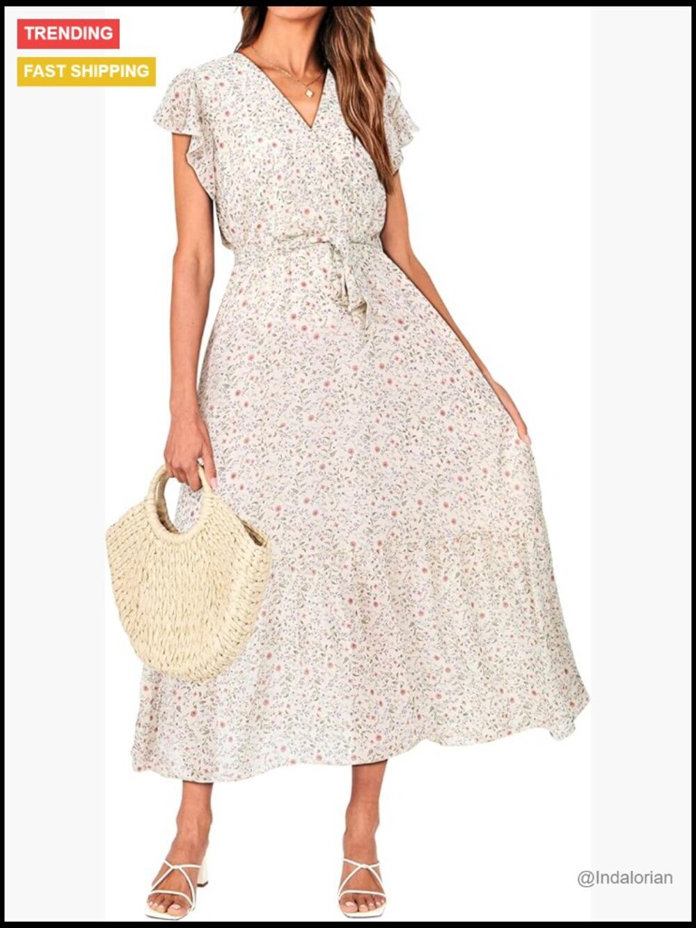 Women's Summer Bohemian Floral Wrap V Neck Ruffle Sleeveless Belt A-Line